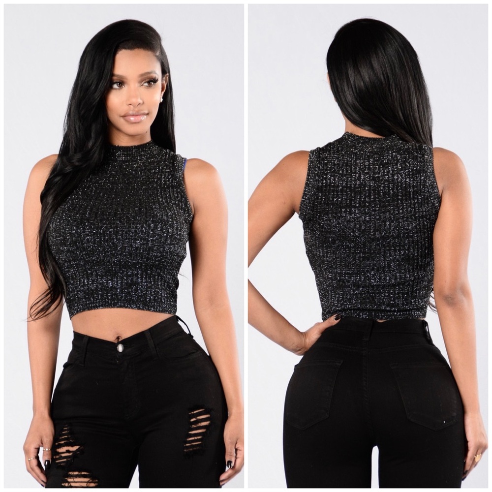 Fashion Nova Silver Sparkle Black Ribbed Tank